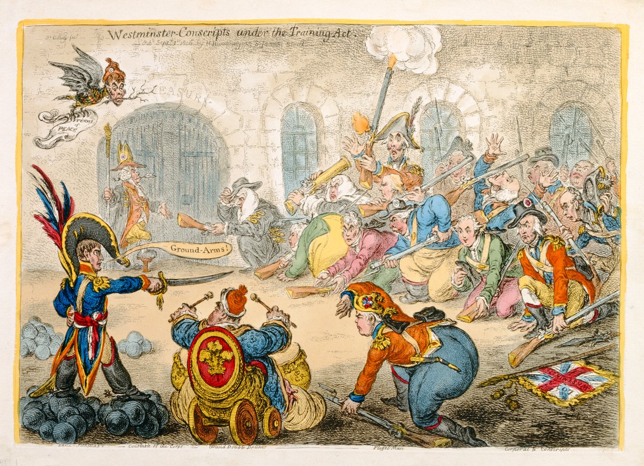 المجندين في وستمنستر بموجب قانون التدريب ، الذي نشرته هانا همفري في عام 1806 (النقش اليدوي) بواسطة جيمس جيلراي