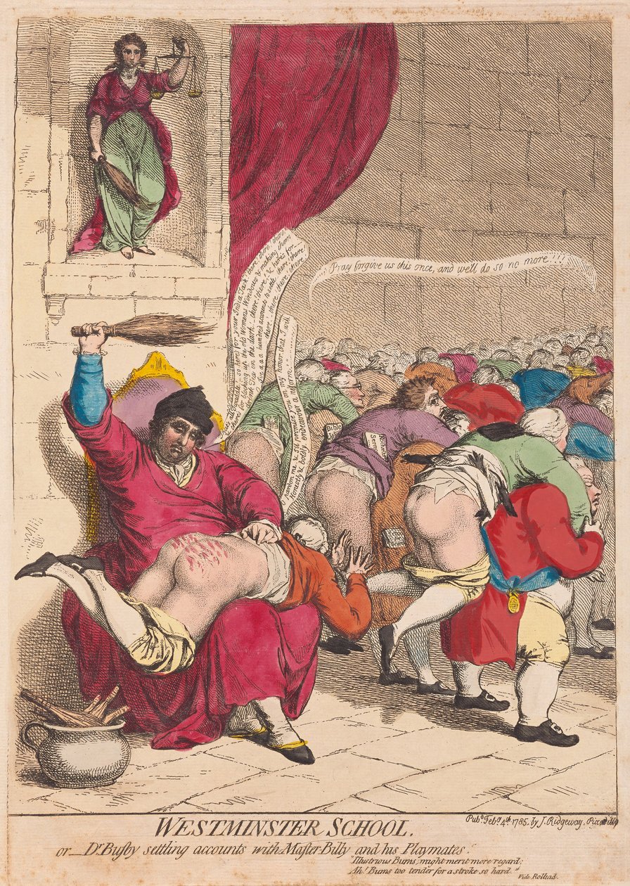 مدرسة Westminster أو Dr Busby تسوية الحسابات مع Master Billy وزملائه في الحانة. 1785 (نقش يدوي) بواسطة جيمس جيلراي