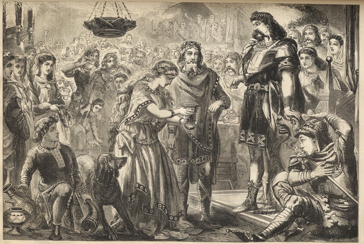 Vortigern (Gwrtheyrn) (القرن الخامس) ملك Bretons و Rowena - روينا ، ابنة Hengist ، تقدم النبيذ إلى Vortigern ، ملك القبائل للبريطانيين - Vortigern ، ملك بريطانيا ، مفتونًا بروينا في مأدبة Hengist ، السكسوني العام - نقش بواسطة جيمس جودوين