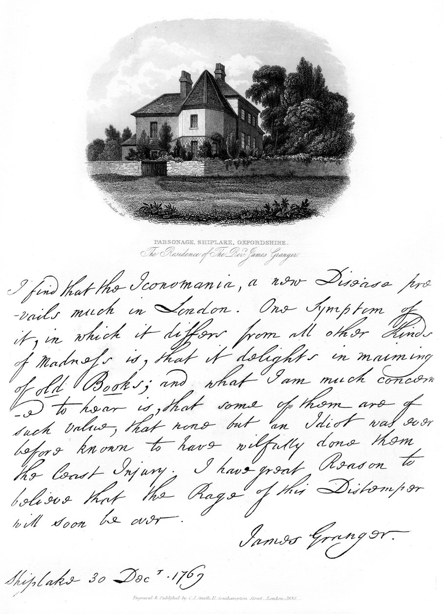 خطاب من القس جيمس جرانجر ، وإطلالة على مسكنه في شيبليك ، 1769 ، 1840 بواسطة جيمس جرانجر