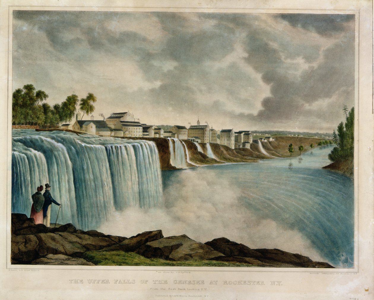 شلالات جينيزي العليا في روتشستر ، نيويورك ، نقشها جيه بافورد (1810-1870) (نقش الألوان) بواسطة جيمس هارفي يونغ