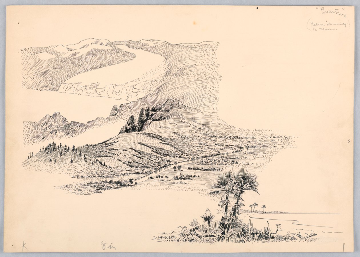 ثلاث مناظر طبيعية ، تصميم لعشاء مجلس واشنطن التجاري ، 13 مايو 1908 بواسطة جيمس هنري موزر