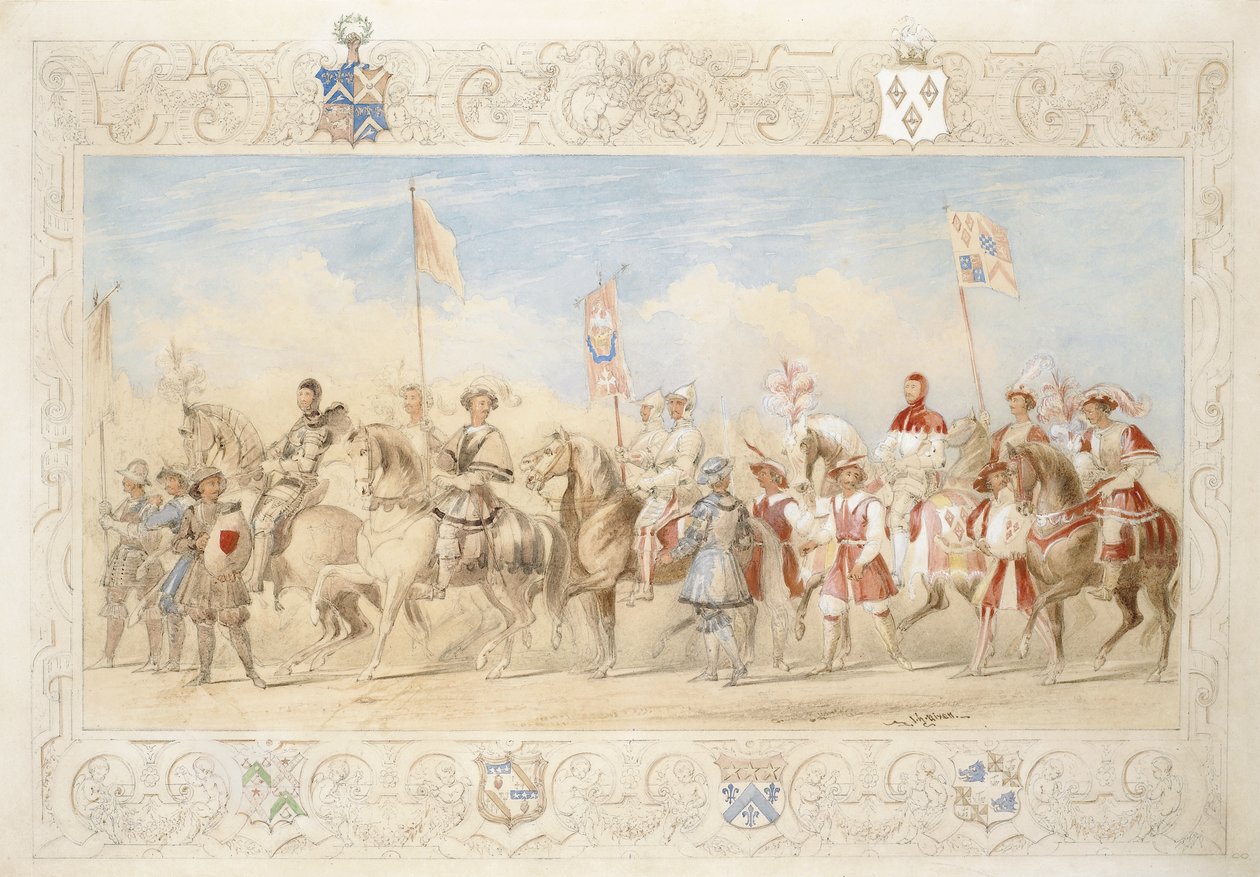والتر Little Gilmour Esq. ، The Black Knight and Hon. إدوارد ستافورد جيرنجهام ، فارس البجعة ، 1839 (قلم رصاص ، مرحاض وجواش على ورق) بواسطة جيمس هنري نيكسون