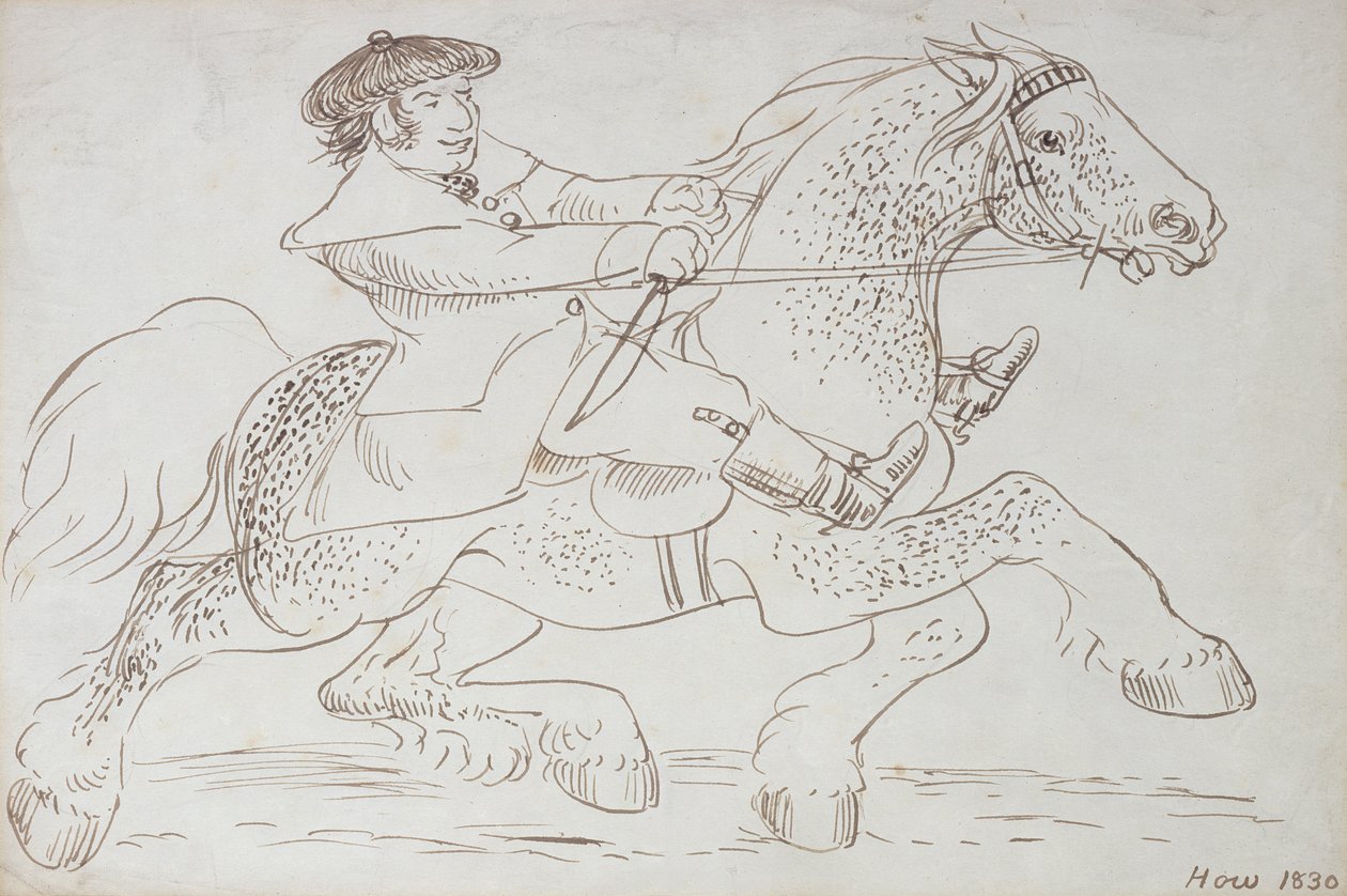 تاجر خيول يضع شاب كليديسدال من خلال خطواته ، 1830 (حبر بني داكن على الورق) بواسطة جيمس هاو