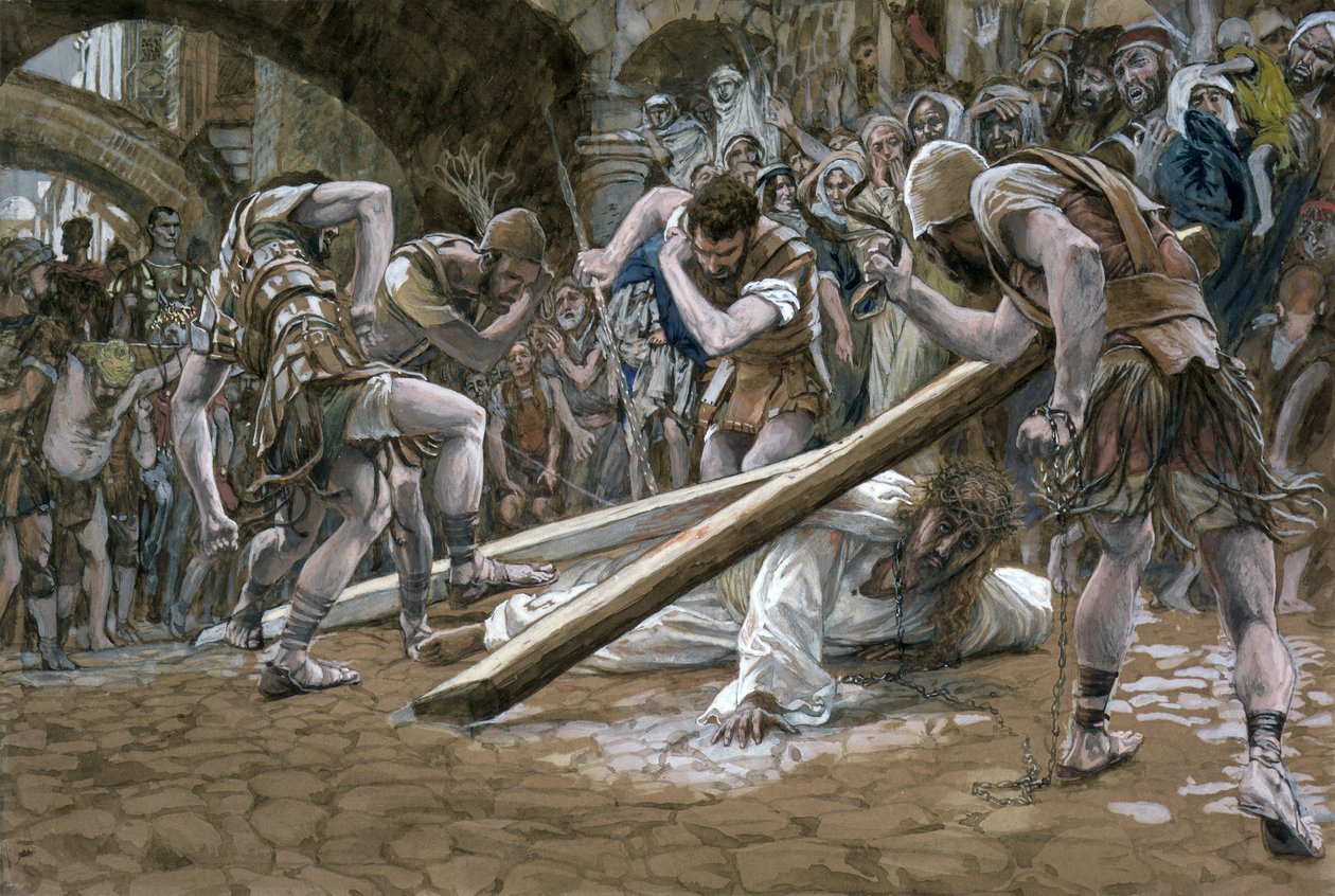 المسيح يقع تحت الصليب ، رسم توضيحي لحياة المسيح ، c.1884-96 (مرحاض وغواش على ورق مقوى) بواسطة جيمس جاك جوزيف تيسو
