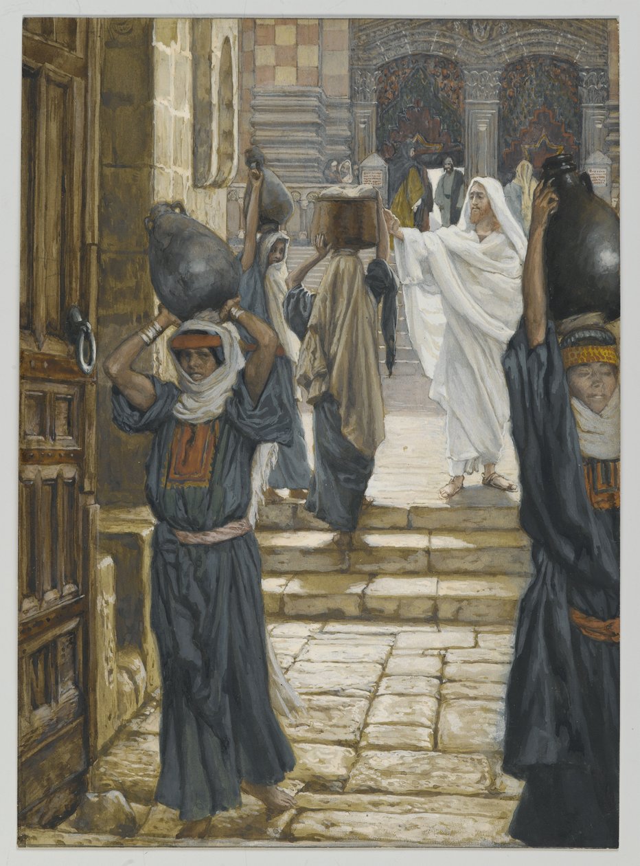يحظر يسوع حمل الأحمال في الفناء الأمامي للهيكل ، صورة من حياة ربنا يسوع المسيح ، 1886-1894 (مرحاض فوق الجرافيت على الورق) بواسطة جيمس جاك جوزيف تيسو