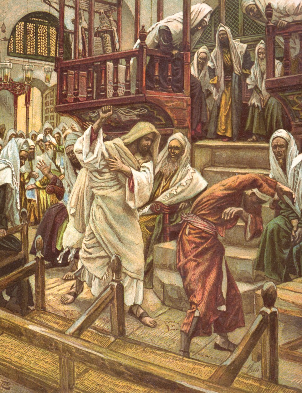 يسوع يشفي رجلاً يمتلكه شيطان في الكنيس ، رسم توضيحي لـ "La Vie de notre Seigneur Jesus-Christ" ، نُشر في Tours 1896 بواسطة جيمس جاك جوزيف تيسو