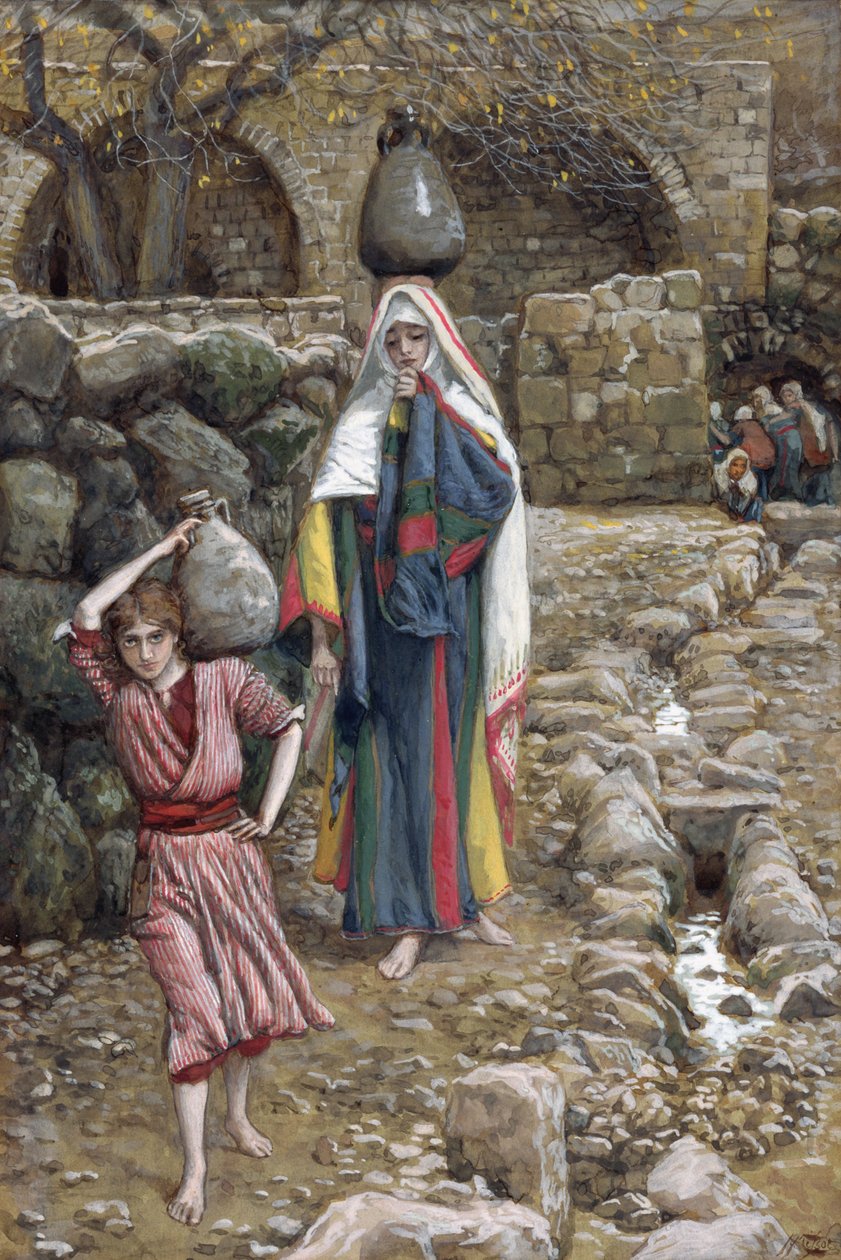 يسوع ووالدته في النافورة ، رسم توضيحي لحياة المسيح ، c.1886-94 (مرحاض وغواش على ورق مقوى) بواسطة جيمس جاك جوزيف تيسو