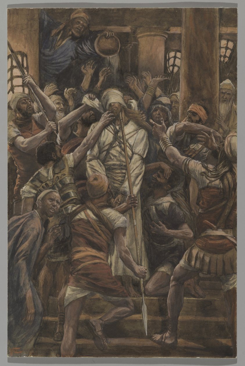 سوء المعاملة في بيت Caiaphas ، التوضيح من حياة ربنا يسوع المسيح ، 1886-1894 (مرحاض فوق الجرافيت على الورق) بواسطة جيمس جاك جوزيف تيسو