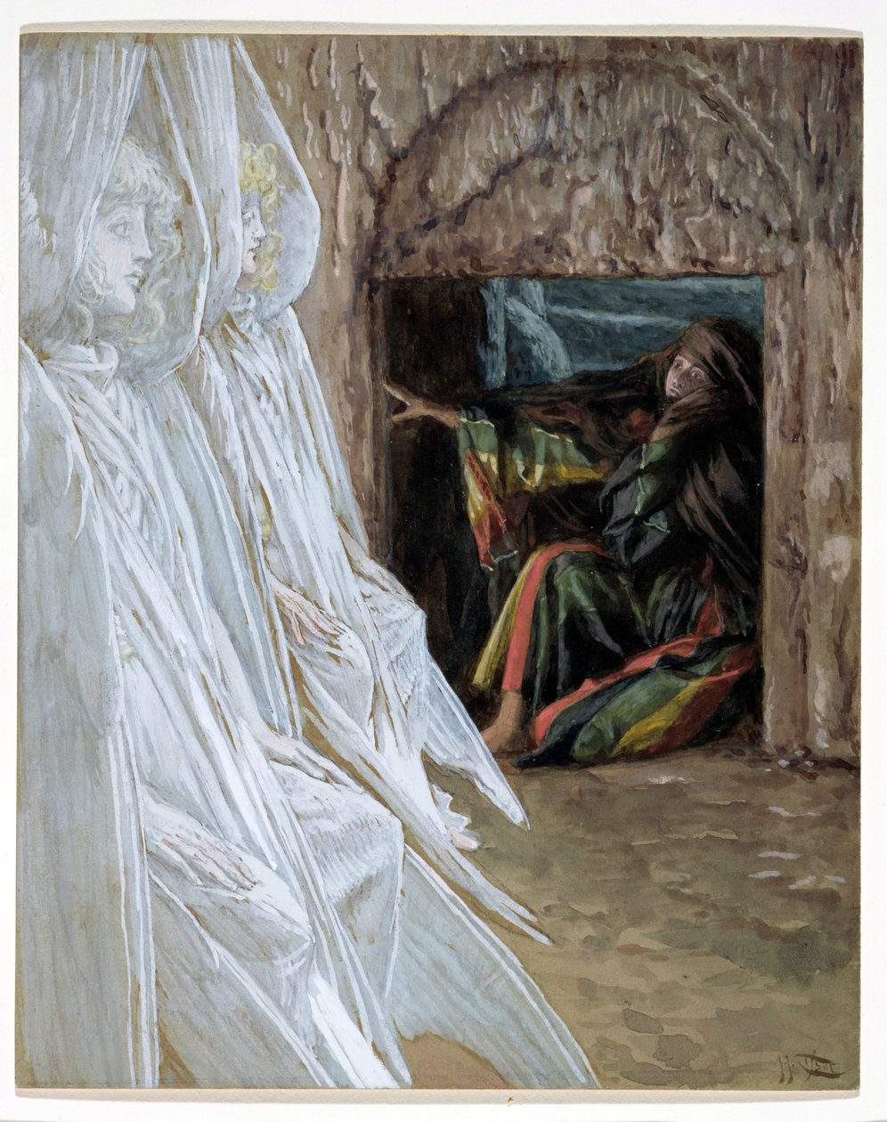 تتساءل ماري المجدلية عن الملائكة في القبر ، توضيح لحياة المسيح ، c.1886-94 (مرحاض وغواش على ورق مقوى) بواسطة جيمس جاك جوزيف تيسو
