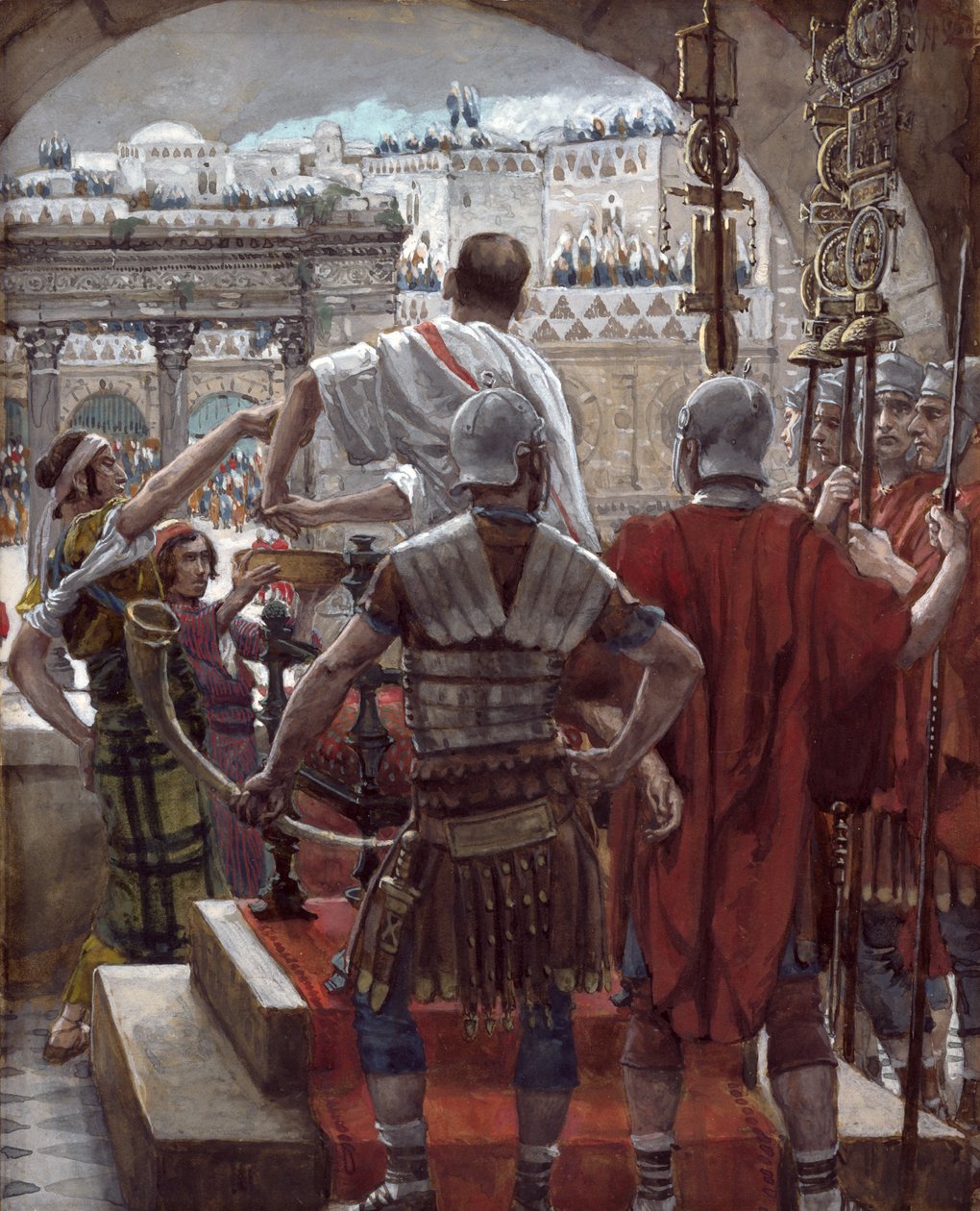 بيلاطس يغسل يديه ، رسم توضيحي لحياة المسيح ، c.1886-94 (مرحاض وغواش على ورق مقوى) بواسطة جيمس جاك جوزيف تيسو