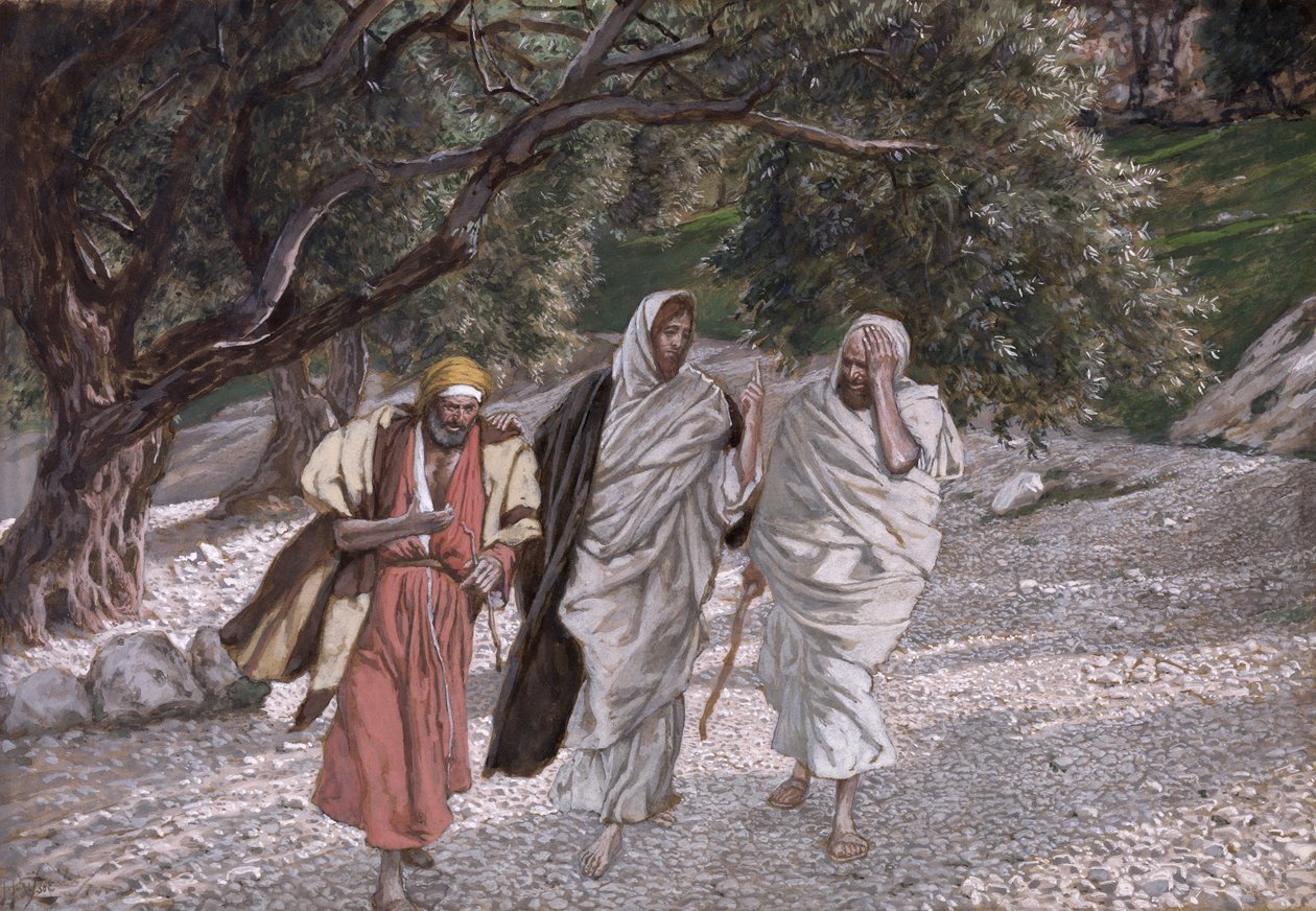 التلاميذ على الطريق إلى عمواس ، رسم توضيحي لحياة المسيح ، c.1884-96 (مرحاض وغواش على ورق مقوى) بواسطة جيمس جاك جوزيف تيسو