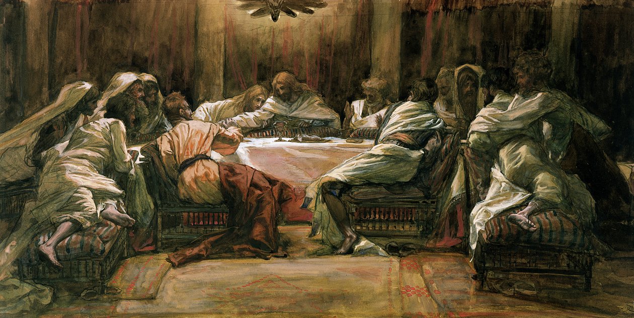 العشاء الأخير. يهوذا غمس يده في الطبق ، توضيح لحياة المسيح ، c.1884-96 (مرحاض وغواش على ورق مقوى) بواسطة جيمس جاك جوزيف تيسو