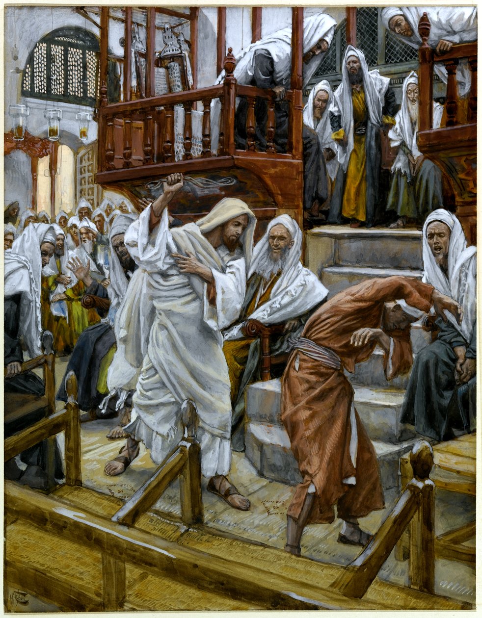الرجل الذي يمتلك شيطانًا في الكنيس ، رسم توضيحي لحياة المسيح ، c.1884-96 (مرحاض وغواش على ورق مقوى) بواسطة جيمس جاك جوزيف تيسو