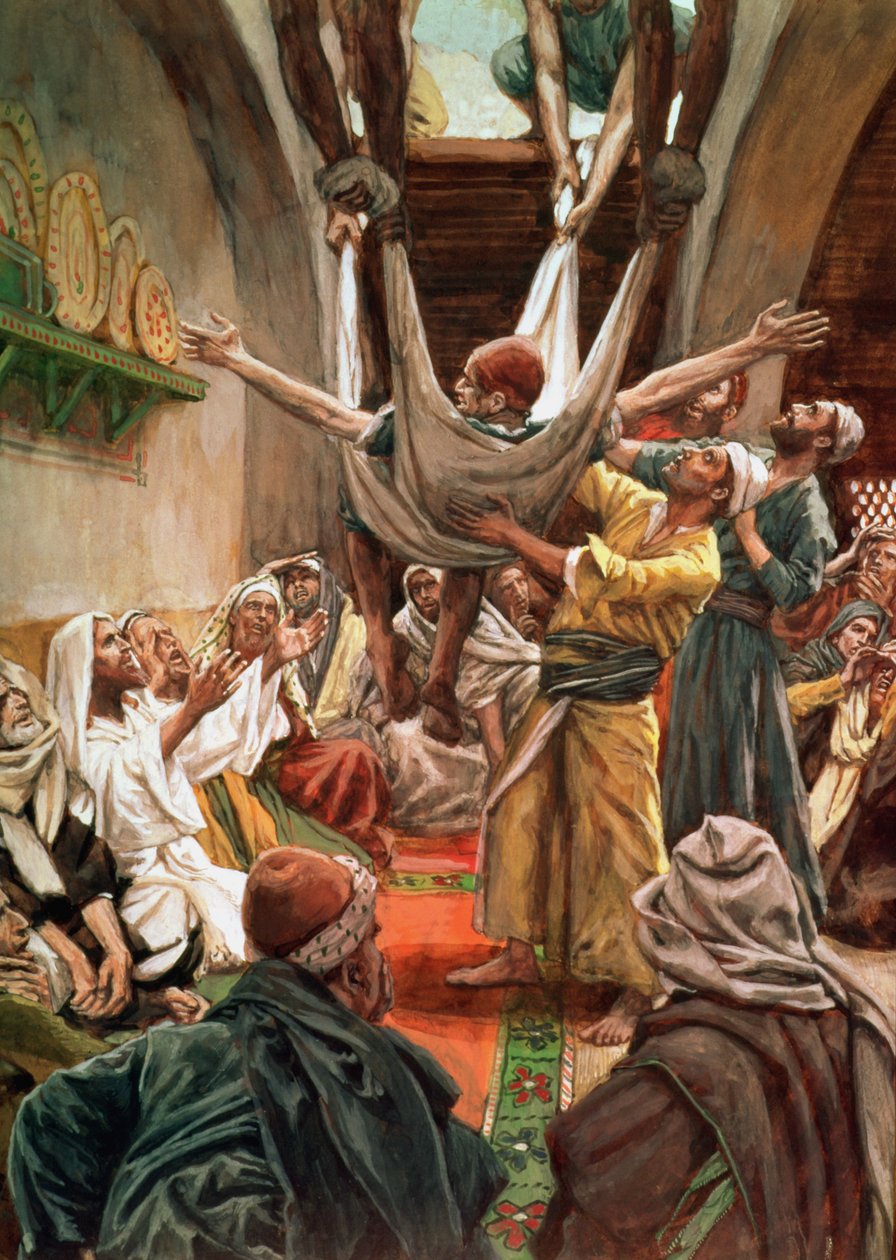 الرجل الشلل يخذل من السقف ، توضيح لحياة المسيح ، c.1886-94 بواسطة جيمس جاك جوزيف تيسو