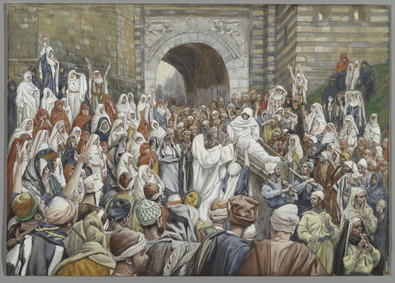قيامة ابن الأرملة في ناين، رسم توضيحي من "حياة ربنا يسوع المسيح" (ألوان مائية على جرافيت على ورق) بواسطة جيمس جاك جوزيف تيسو