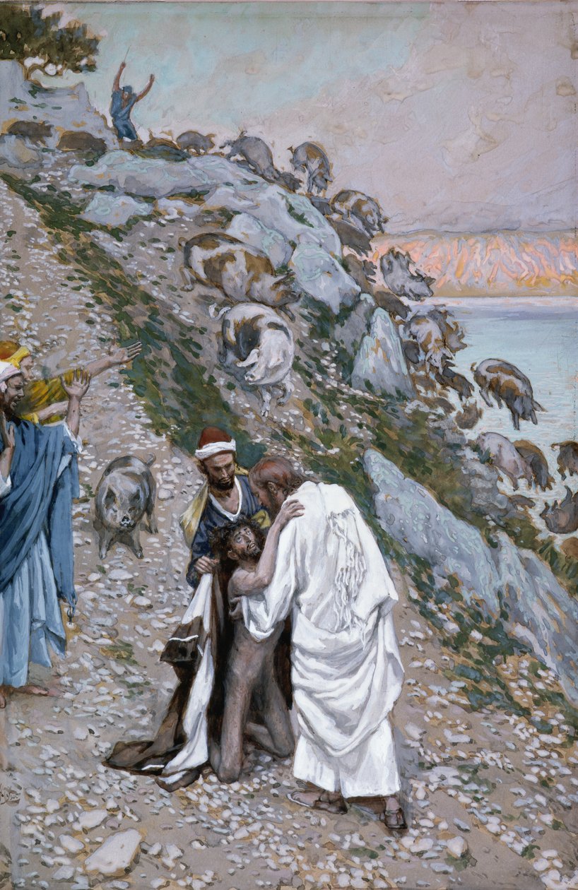 الخنازير مدفوعة في البحر ، رسم توضيحي لحياة المسيح ، c.1886-94 (مرحاض وغواش على ورق مقوى) بواسطة جيمس جاك جوزيف تيسو