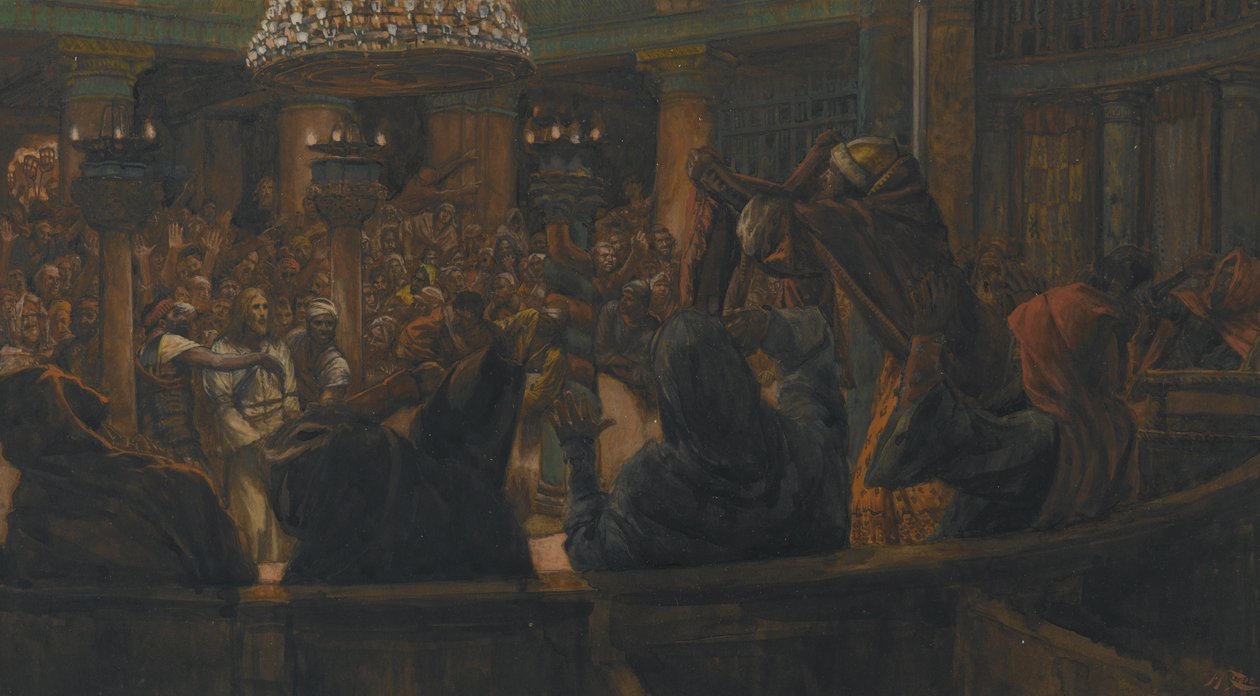 عباءة ممزقة - يسوع أدان اليهود بالموت ، مثال من حياة ربنا يسوع المسيح ، 1886-1894 (مرحاض فوق الجرافيت على الورق) بواسطة جيمس جاك جوزيف تيسو