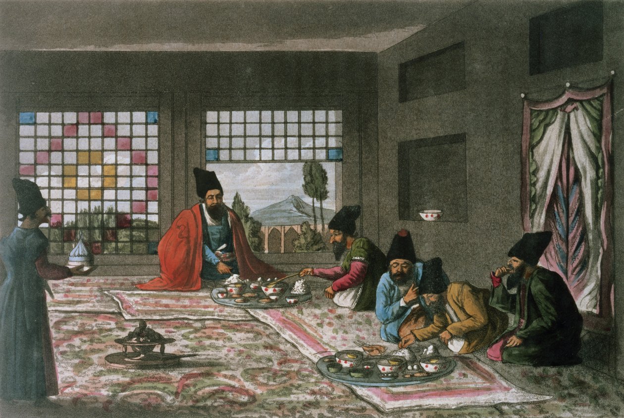 إفطار فارسي من "رحلة ثانية عبر بلاد فارس 1810-1816" نقشها ثيودور هـ. فيلدينغ (1781-1851) بواسطة جيمس جستنيان (بعد) مورييه
