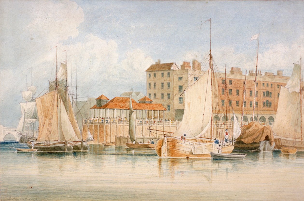 منظر لبيلينجسجيت وارف والسوق مع السفن والأشخاص ، مدينة لندن ، 1824. بواسطة جيمس لامبرت