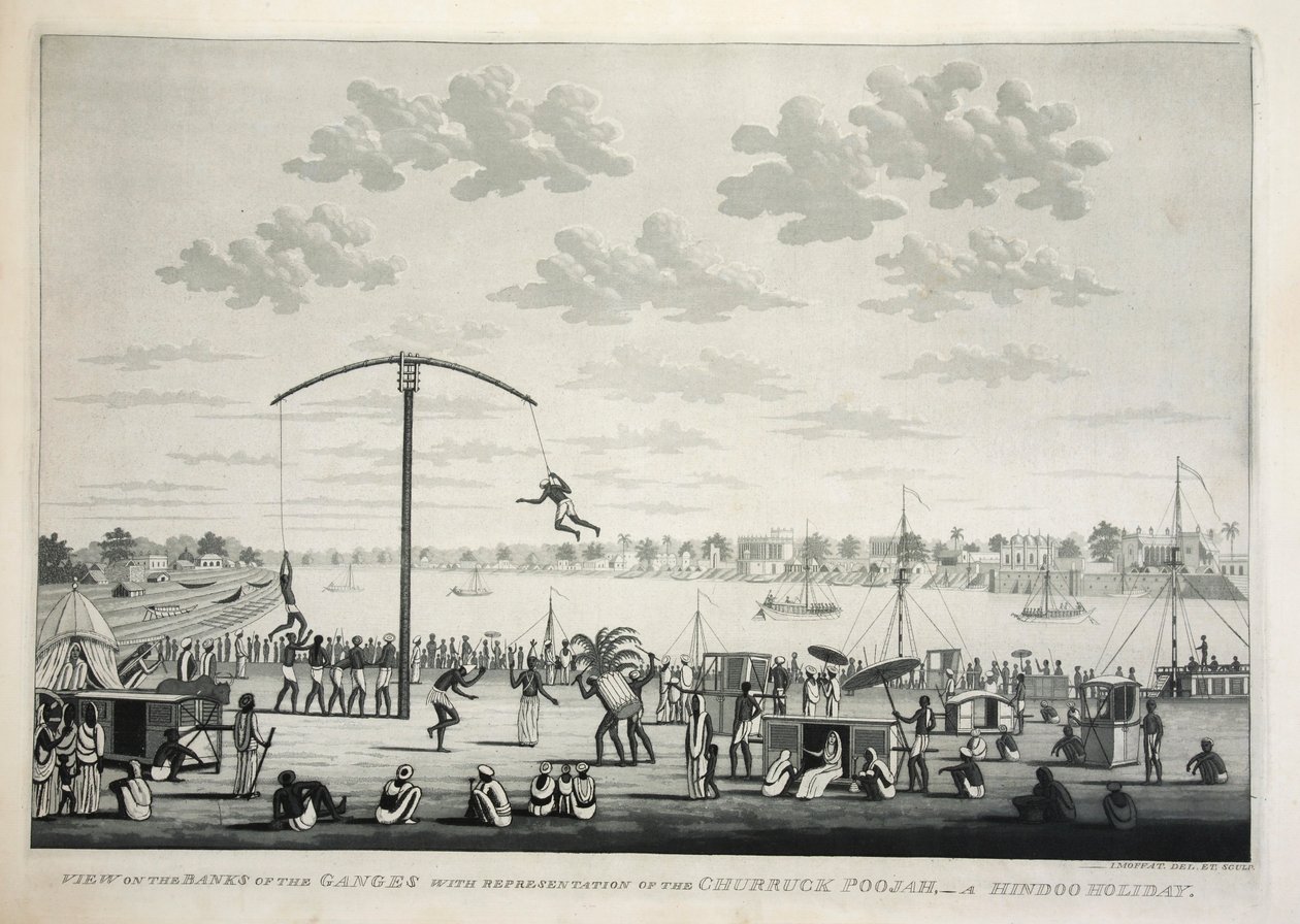 عرض على ضفاف نهر الغانج مع تمثيل Churruck Poojah…، حانة. 1810 النقش. بواسطة جيمس موفات