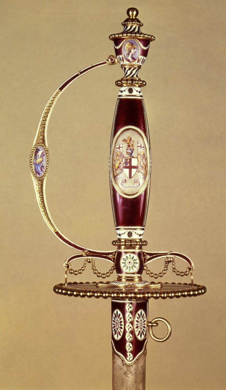 ذيل سيف مقدم للعقيد جيمس هارتلي (1745-99) من قبل شركة الهند الشرقية ، وضعه جيمس موريسيت (c.1766-c.1800) c.1780 (ذهب ومينا) بواسطة جيمس موريسيت