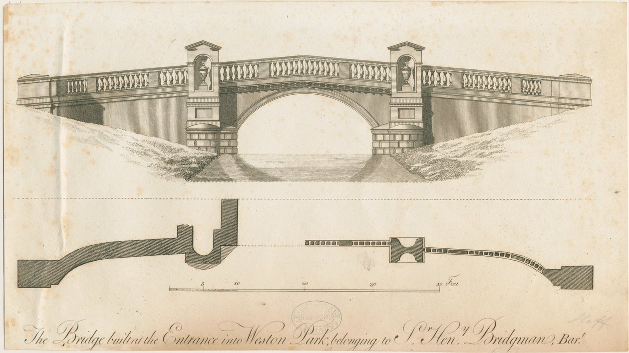 Weston-under-Lizard - Bridge at Entrance to Weston Park: engraving، nd [c 1765-1770] بواسطة جيمس باين