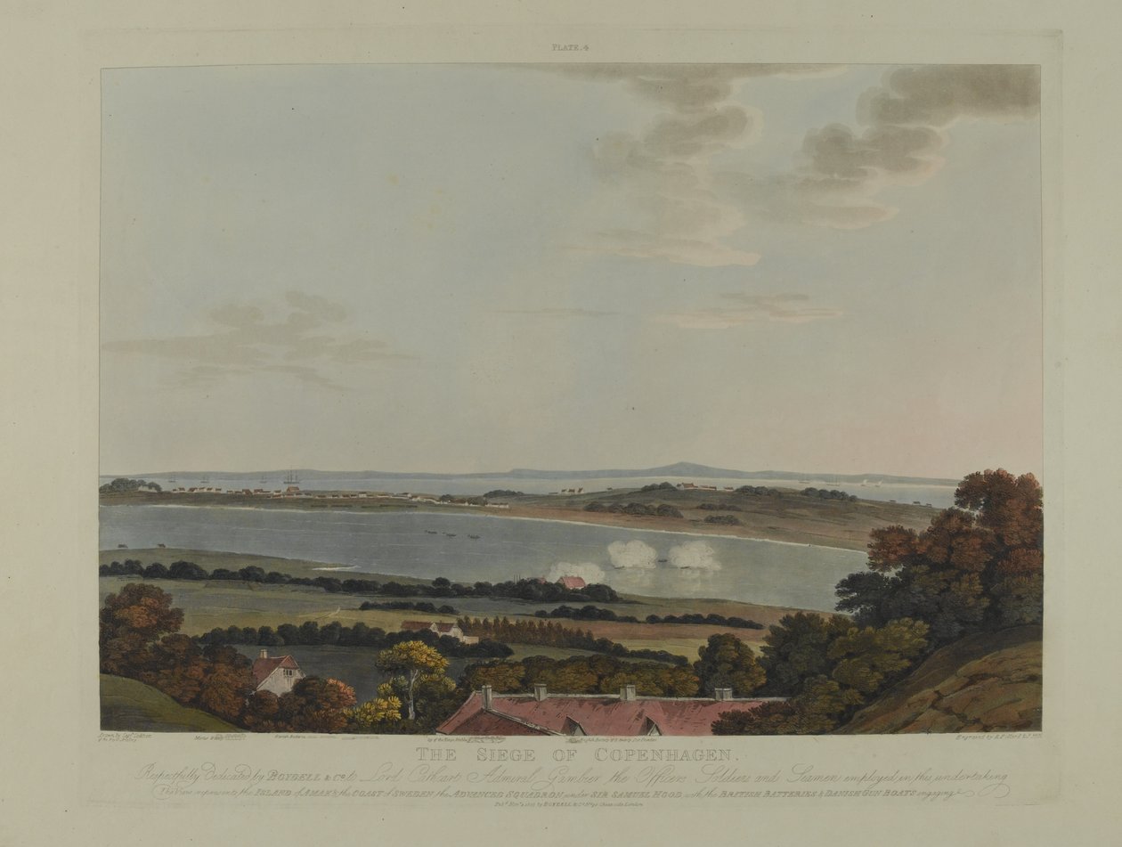 الدنمارك 1807: حصار كوبنهاغن ، نقشه روبرت بولارد (1792-1867) وجوزيف قسطنطين ستادلر (1780-1812) نُشر عام 1807 (ألوان مائية) بواسطة جيمس باتيسون كوكبيرن