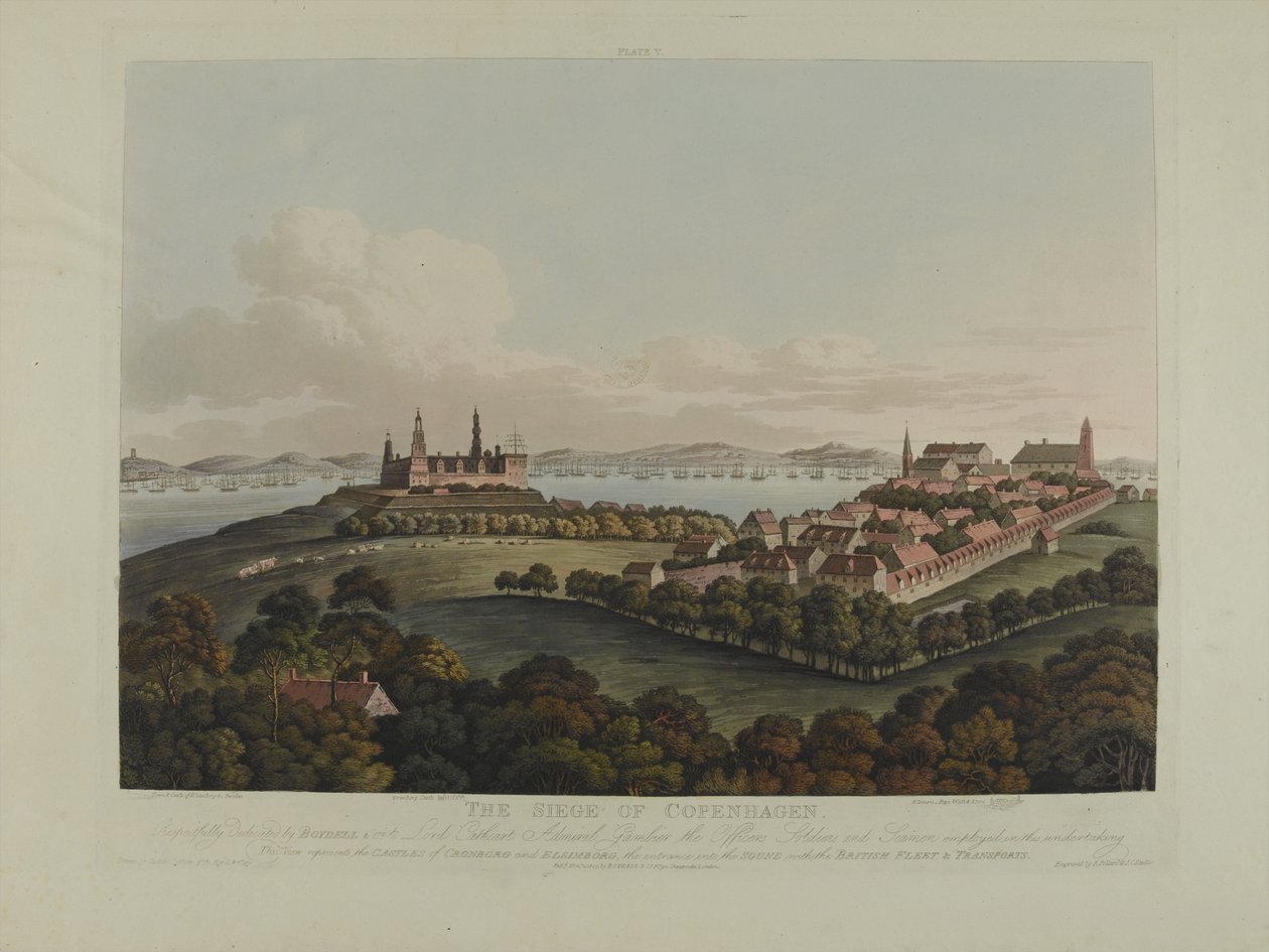 الدنمارك 1807: حصار كوبنهاغن ، نقشه روبرت بولارد (1792-1867) وجوزيف قسطنطين ستادلر (1780-1812) نُشر عام 1807 (ألوان مائية) بواسطة جيمس باتيسون كوكبيرن