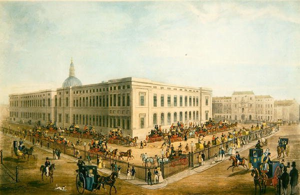 منظر شمالي شرقي لمكتب البريد العام القديم مع عربات البريد الملكية التي تستعد للمغادرة ، حوالي 1830 (مائي على ورق) بواسطة جيمس بولارد