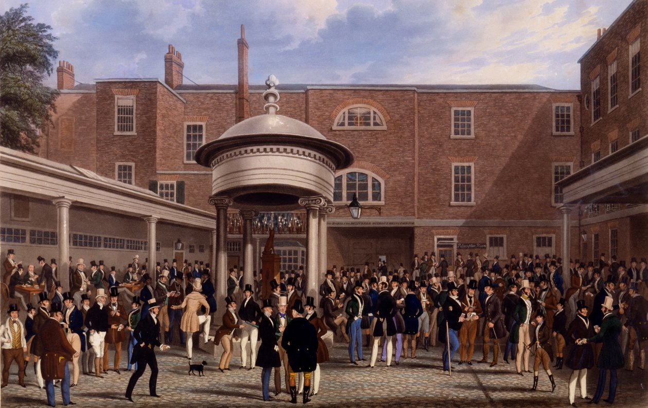 يوم الاستقرار في Tattersalls ، طباعة تشارلز هانت ، 1836 (أكواتينت) بواسطة جيمس بولارد