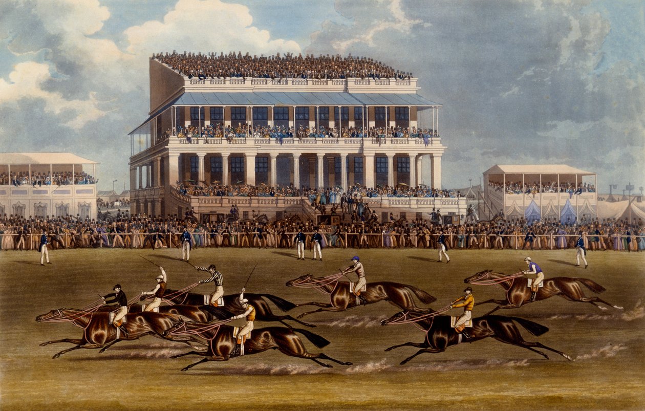 المنصة الكبرى في سباقات إبسوم ، مطبوعة من تأليف تشارلز هانت ، 1836 (أكواتينت) بواسطة جيمس بولارد