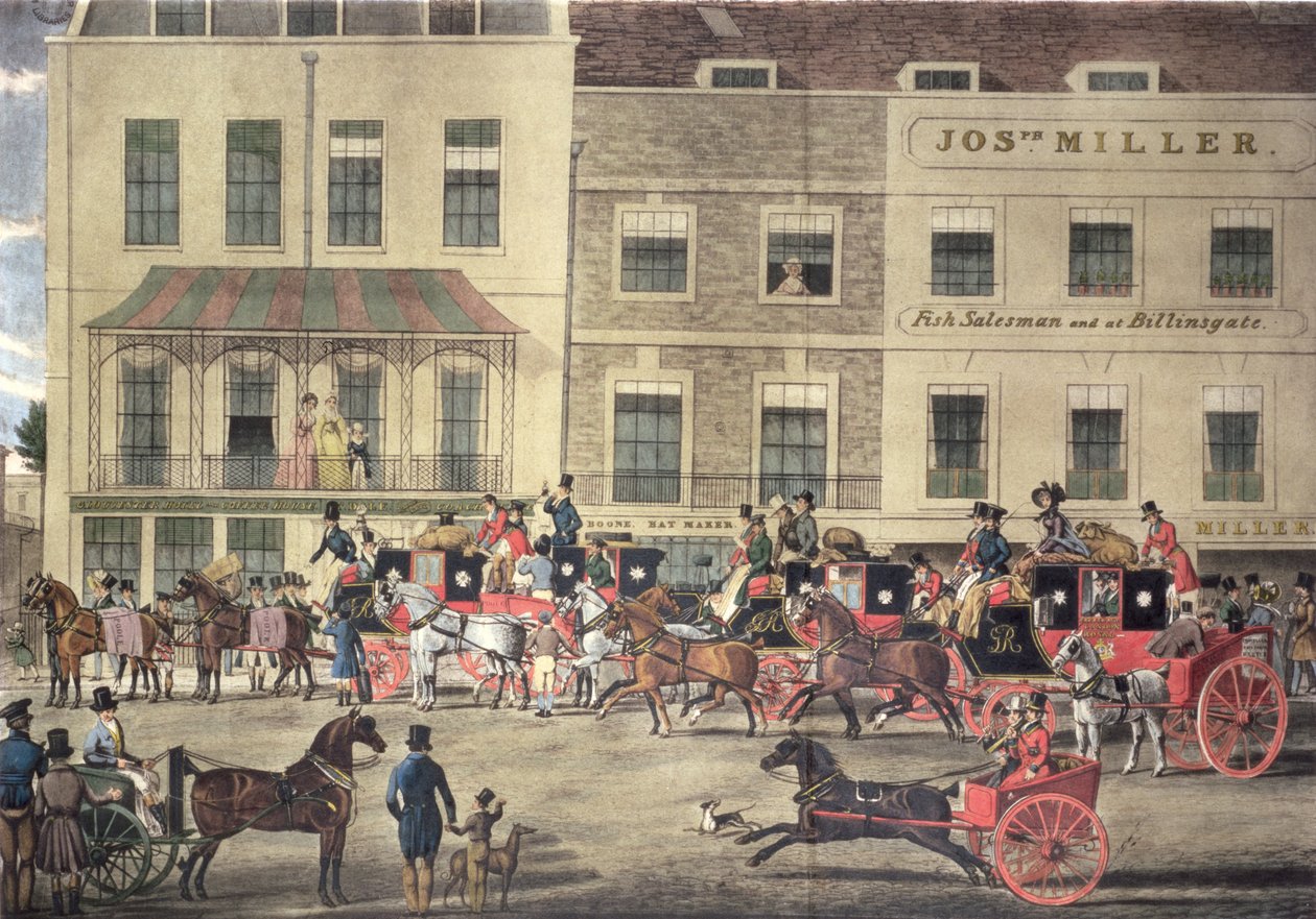 رسائل West Country في Gloucester Coffee House ، Piccadilly ، محفورة بواسطة C. Rosenberg ، 1828 بواسطة جيمس بولارد