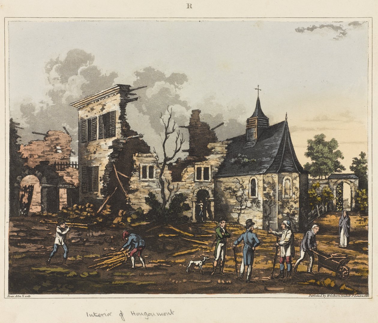 منظر داخلي لهوجومونت ، من "حساب تاريخي لمعركة واترلو" ، 1817 (ألوان مائية) بواسطة جيمس روس
