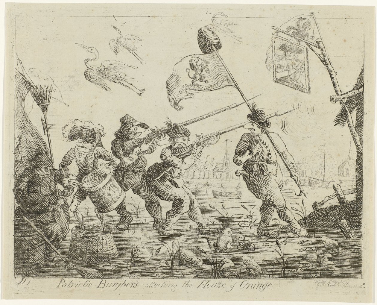 Spotprent op Goejanverwellesluis، 1787 الوطنيون البرغر يهاجمون بيت أورانج (العنوان على الشيء) بواسطة جيمس سايرز