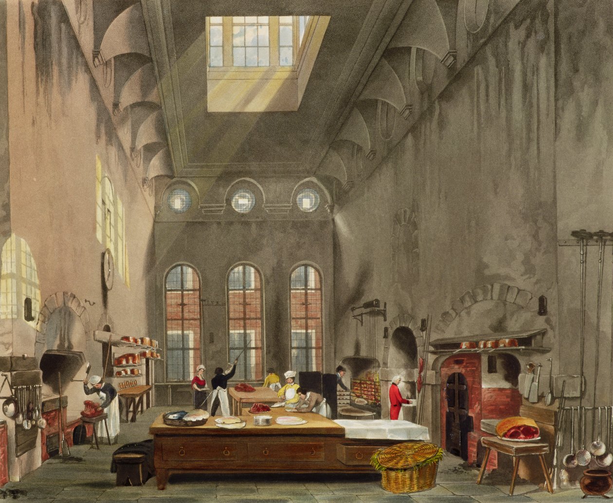 مطبخ ، قصر سانت جيمس ، محفور بقلم ويليام جيمس بينيت (1787-1844) من "تاريخ المساكن الملكية" بقلم ويليام هنري باين (1769-1843) حانة. 1819 بواسطة جيمس ستيفانوف