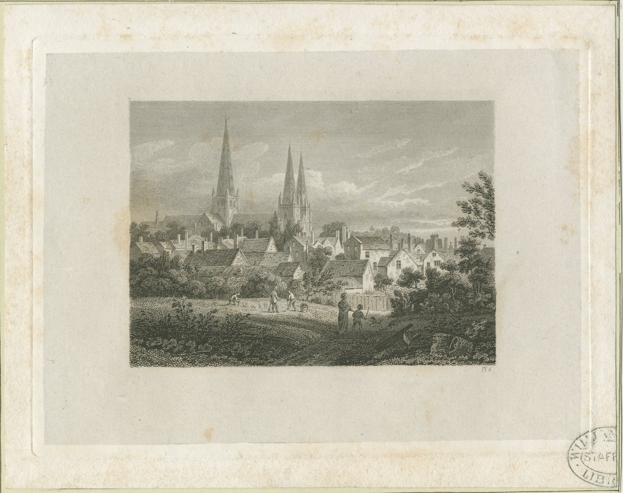 كاتدرائية ليتشفيلد - منظر شمالي شمالي غربي (بعيد): نقش ، بدون تاريخ [عام 1816] (طباعة) بواسطة جيمس ستورر