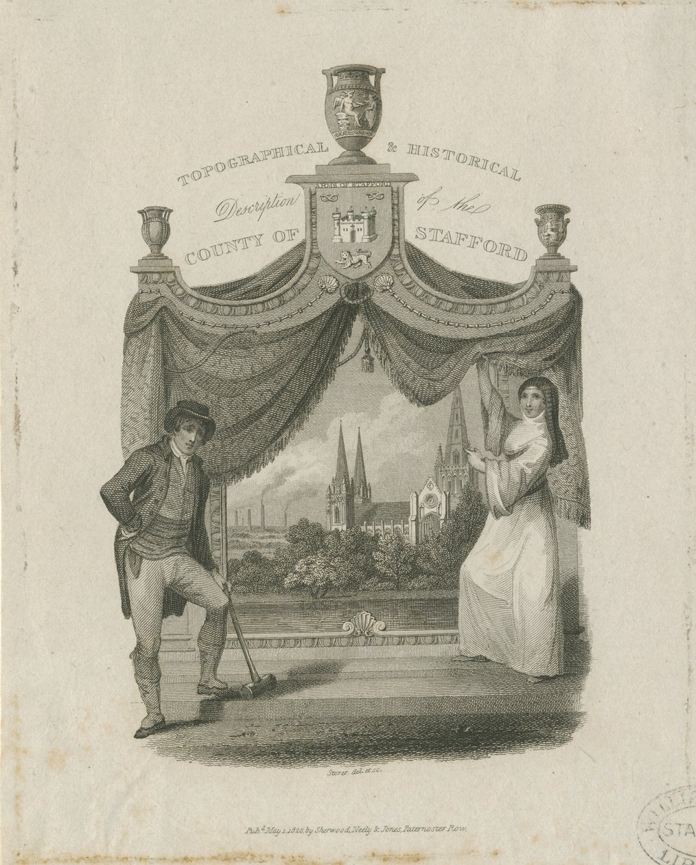 كاتدرائية Lichfield - المنظر الجنوبي الغربي: engraving، nd [c 1820] بواسطة جيمس ستورر