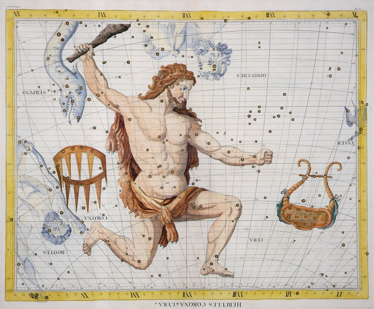 كوكبة هرقل مع كورونا وليرا ، اللوحة 21 من "أطلس كويليستيس" ، بقلم جون فلامستيد (1646-1710) ، نُشر عام 1729 (نقش ملون باليد) بواسطة جيمس ثورنهيل