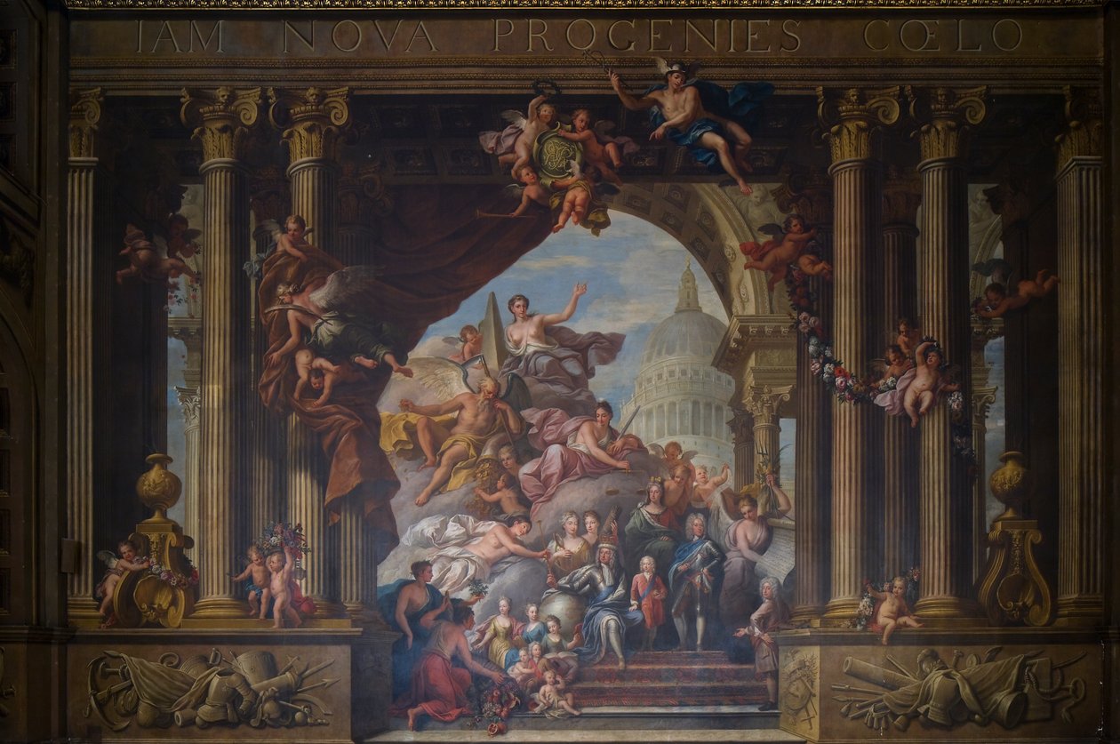 الجدار الغربي للقاعة المرسومة ، c.1707-27 (لوحة جدارية) بواسطة جيمس ثورنهيل