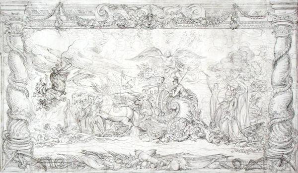 تصميم لـ "The Waterloo Allegory" ، حوالي 1815-22 (قلم وحبر أسود على ورق) بواسطة جيمس وارد