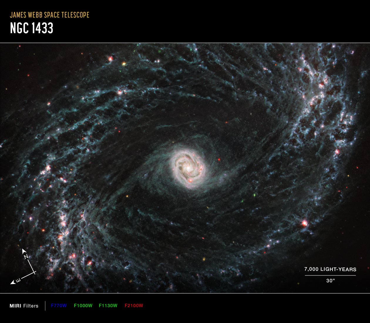 NGC 1433 (صورة بوصلة MIRI) بواسطة تلسكوب جيمس ويب الفضائي (ناسا)