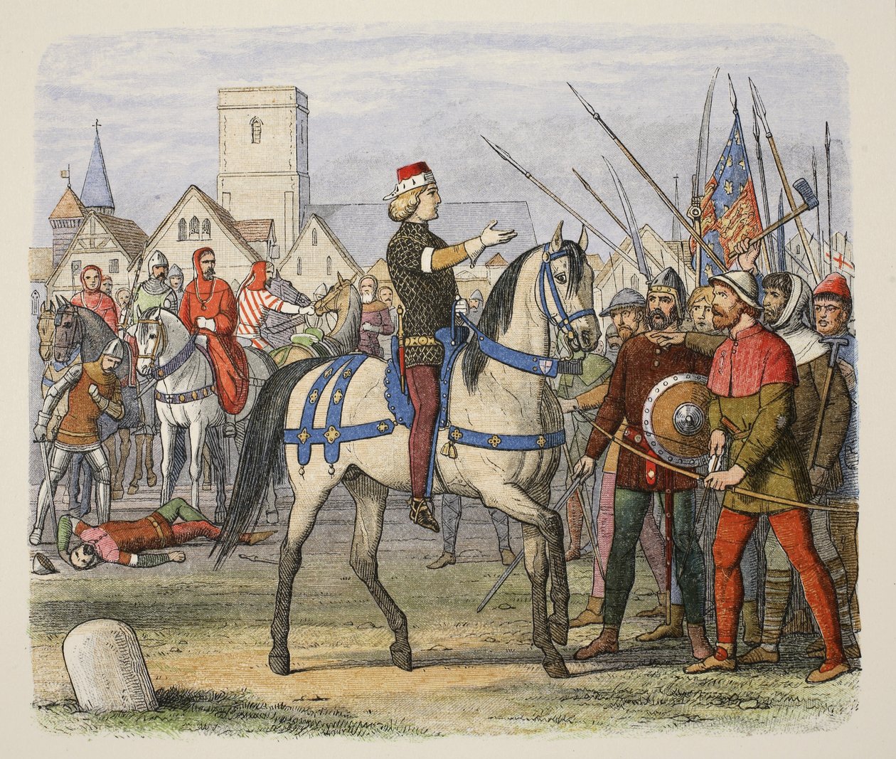 يتولى ريتشارد قيادة المتمردين في ثورة الفلاحين ، من A Chronicle of England BC 55 إلى 1485 بعد الميلاد ، حانة. لندن بواسطة جيمس ويليام إدموند دويل