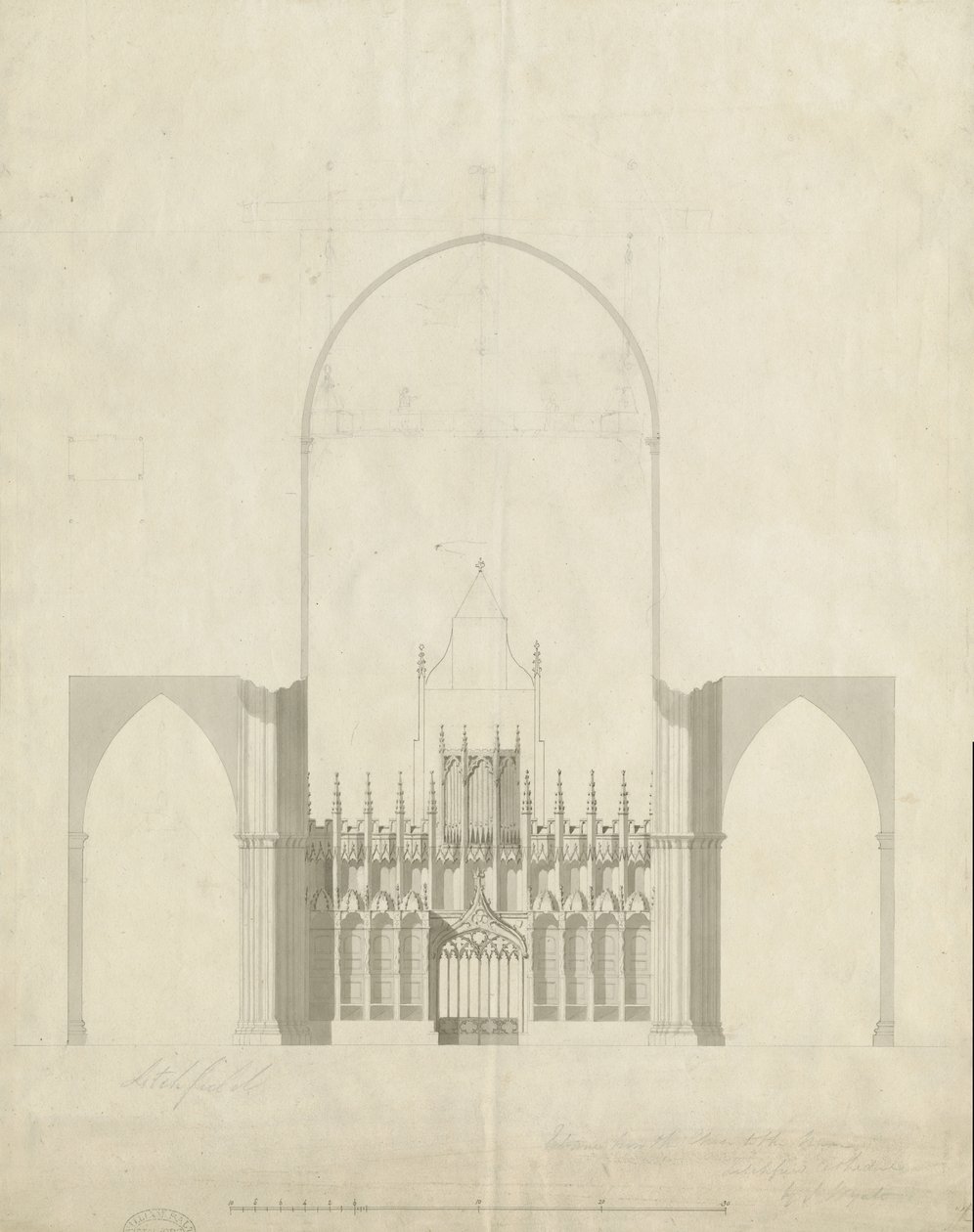 داخل كاتدرائية ليتشفيلد - المدخل من الجوقة إلى الصحن: الرسم والغسيل ، بدون تاريخ [ج 1780] بواسطة جيمس وايت