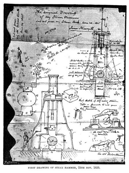 الرسم الأول لمطرقة البخار ، 24 نوفمبر 1839 ، من صفحة ممزقة من كتاب رسم Nasmyths ، محفور بواسطة R. Paterson بواسطة جيمس بعد Nasmyth