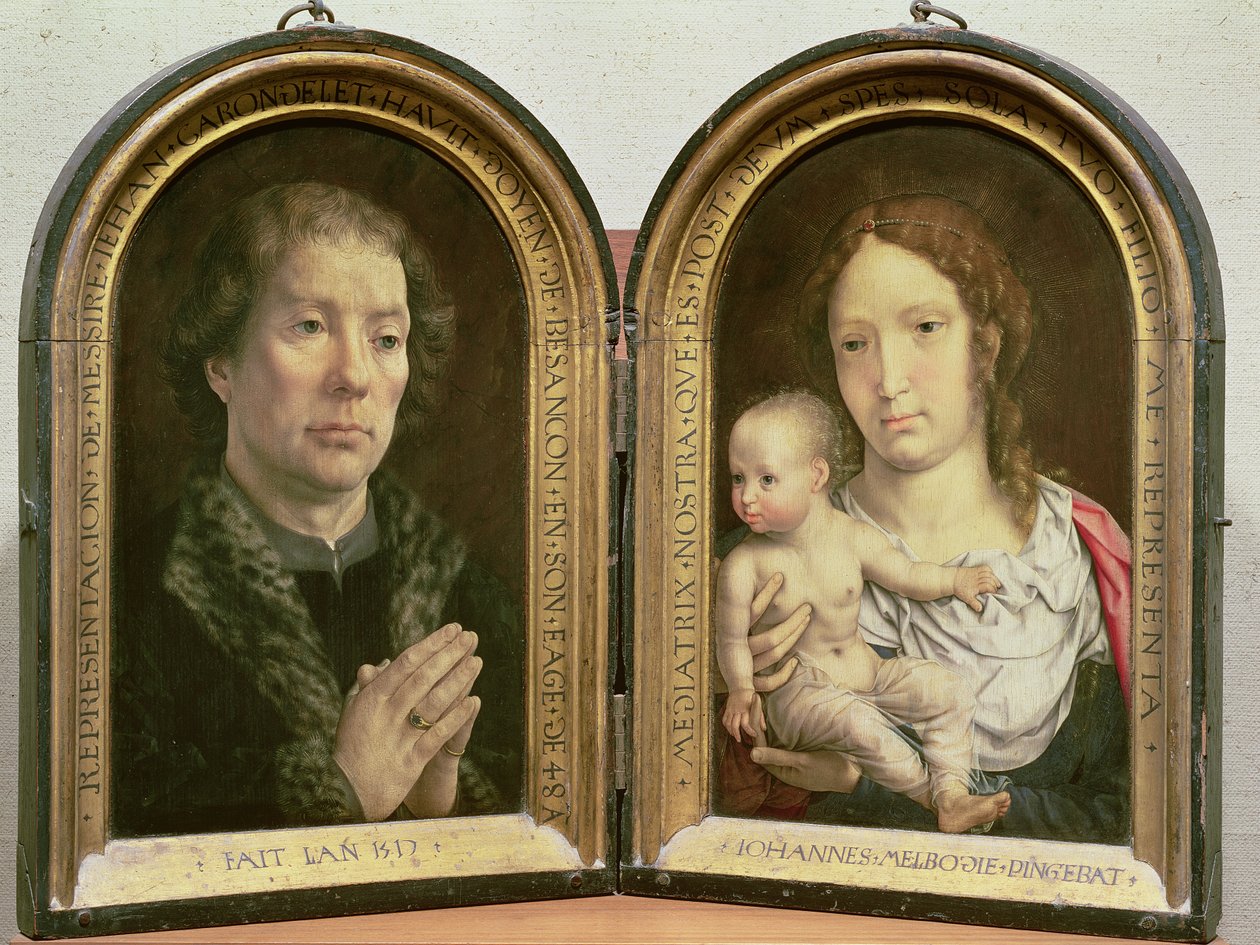 Carondelet Diptych ؛ (LtoR) صورة جان كارونديليت (1469-1545) عميد كنيسة بيسانكون ، ومستشار تشارلز الخامس ؛ مادونا والطفل ، 1517 (انظر أيضًا 210362 und 210363) بواسطة يان جوسيرت