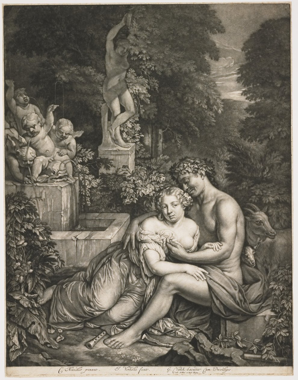 Pan and Pomona، c.1685 (mezzotint) بواسطة جان فيركوليي