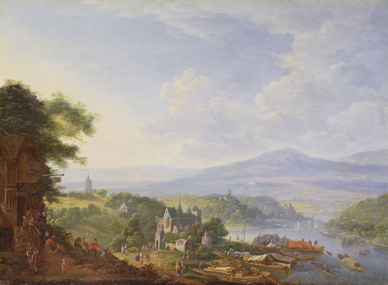 منظر على نهر الراين ، بالقرب من كولونيا ، c.1700-10 (زيت على النحاس) بواسطة جان الأكبر جريفير