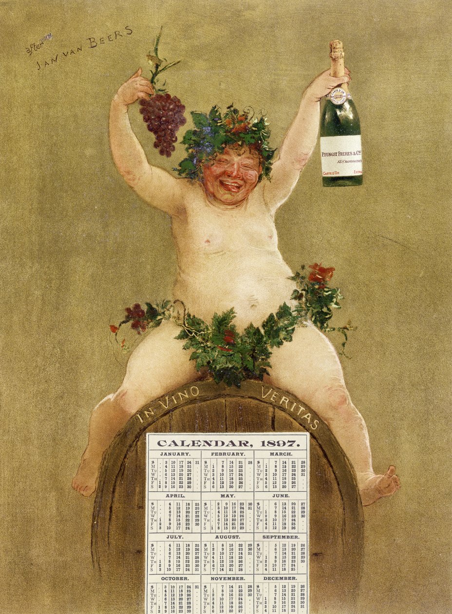 تقويم ترويجي لـ Pfungst Freres Champagne ، يوضح باخوس جالسًا على برميل يحمل الأسطورة "In Vino Veritas" ، 1897 بواسطة جان فان بيرز