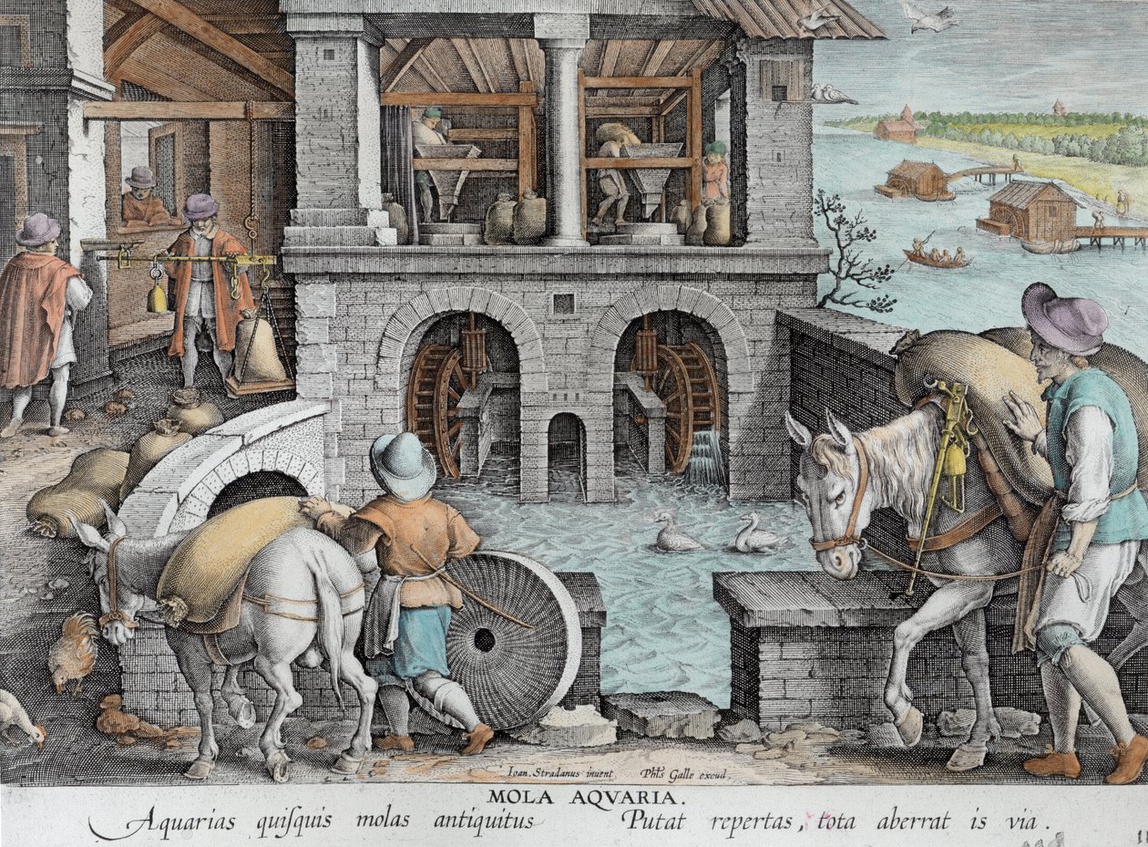 طاحونة مائية ، لوحة 11 من "الاكتشافات الجديدة" (Nova Reperta) منقوشة بواسطة Philip Galle (1537-1612) c.1600 (تلوين لاحق) بواسطة جان فان دير سترايت